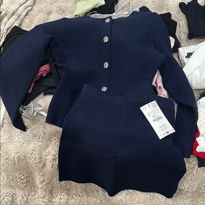 Zara Navy Blue Button-Up Cardigan and Skirt Set